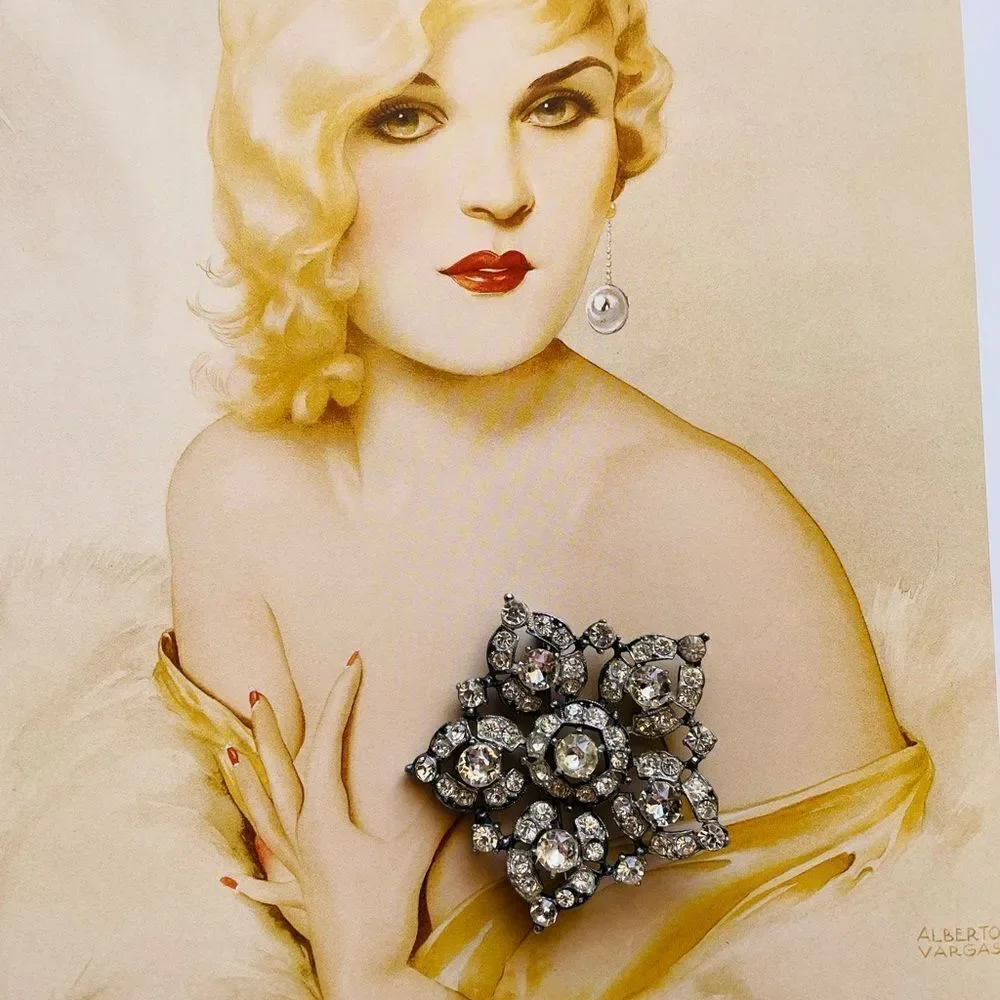 ♥️ Large ❄️ snowflake rhinestone brooch, true vintage antique Art Deco 1940s